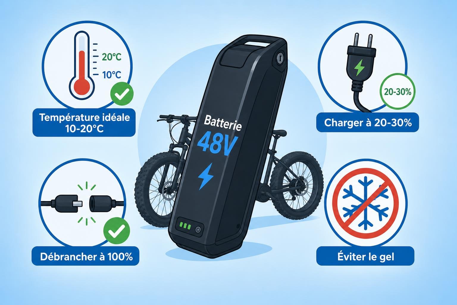 Affiche pédagogique sur l’entretien fat bike électrique: batterie 48V centrale, conseils de température idéale 10-20°C, recharge à 20-30%, débrancher à 100%, éviter le gel.