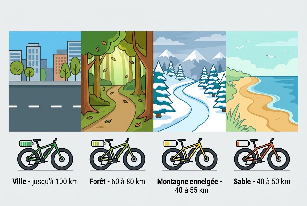 Autonomie fatbike électrique km selon le terrain et batterie: graphique montrant Ville jusqu’à 100 km, Forêt 60–80 km, Montagne enneigée 40–55 km et Sable 40–50 km.