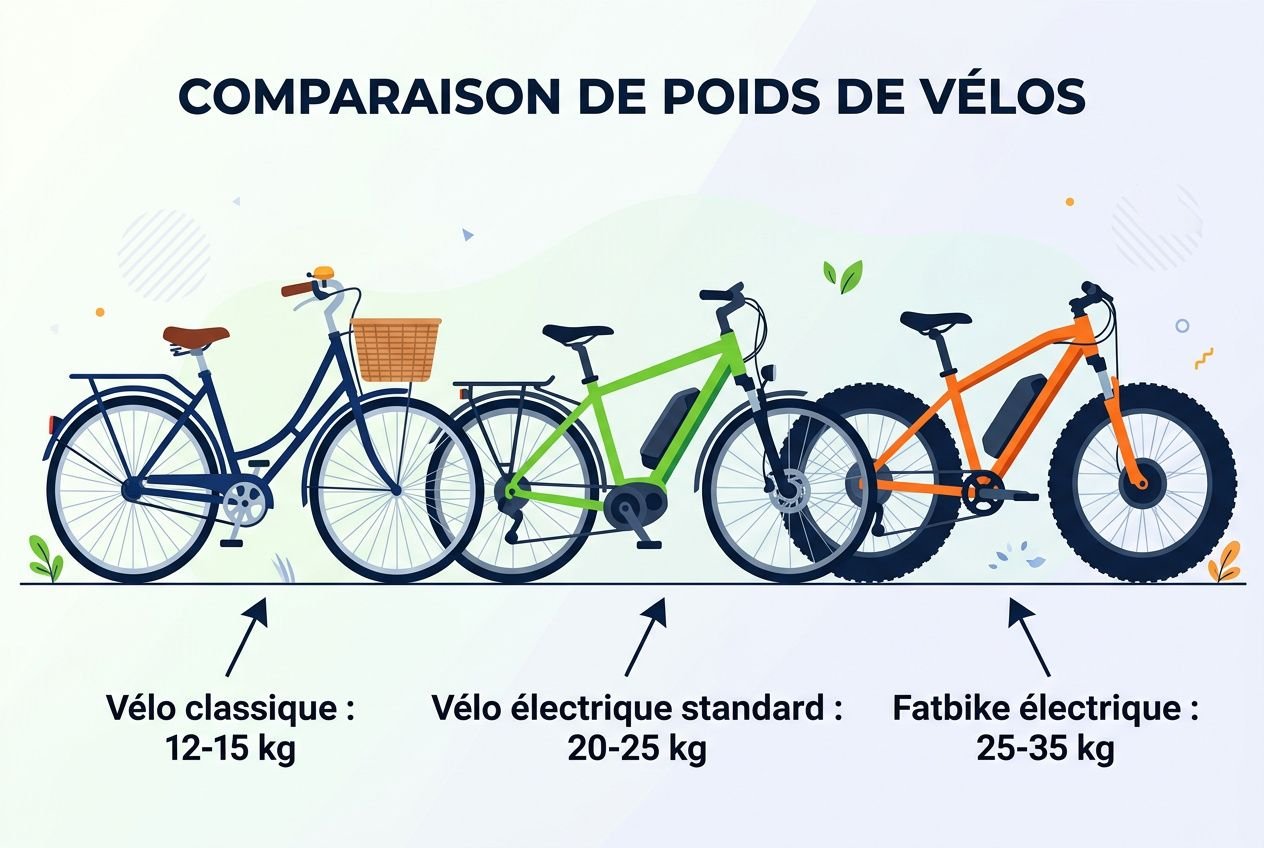 Comparatif des poids de vélos: vé​lo classique 12-15 kg, vélo électrique standard 20-25 kg, fatbike électrique 25-35 kg, poids maximum d'un fatbike électrique.