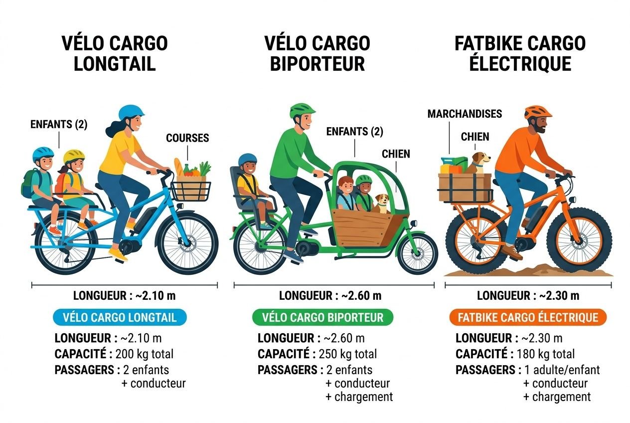 Comparatif: vélos cargo longtail, biporteur et fatbike cargo électrique avec enfants, chiens et cargaison sur un vélo, longueur ~2,1–2,3 m, guide d’achat pour meilleur vélo électrique cargo