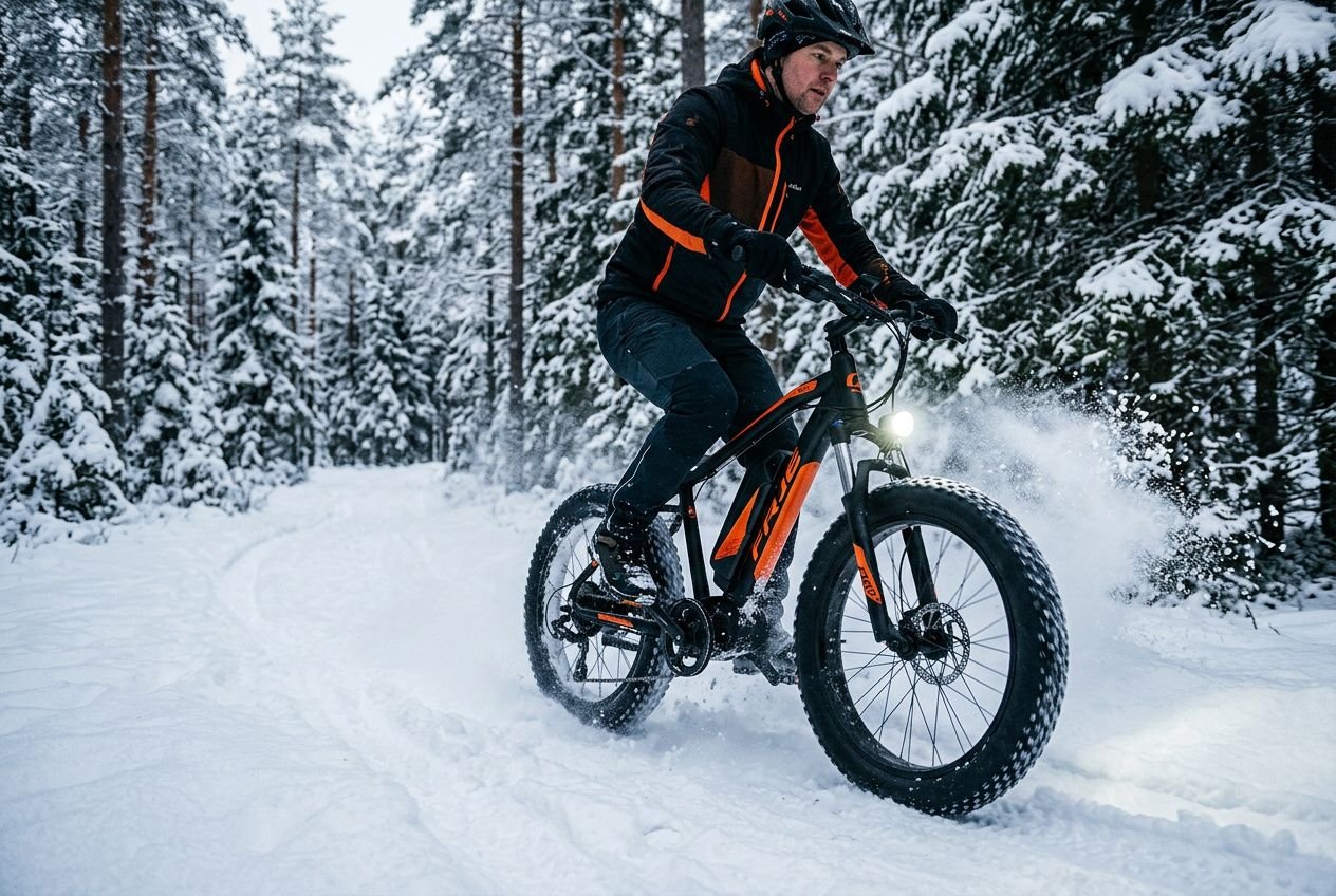 Coureur sur fat bike électrique neige et boue, casque et tenue noire/orange, pédalant dans un paysage enneigé entre les arbres.
