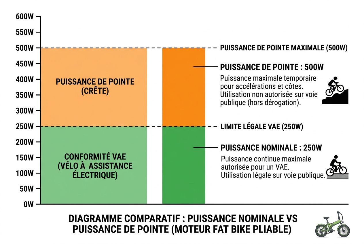 Diagramme comparatif: puissance nominale vs puissance de pointe d’un fatbike électrique pliable; zones vertes indiquant la puissance nominale (250W) et zones orange la puissance de pointe (500W), avec repères légaux et pictogrammes cycliste. Meilleur fatbike électrique pliable mentionné.