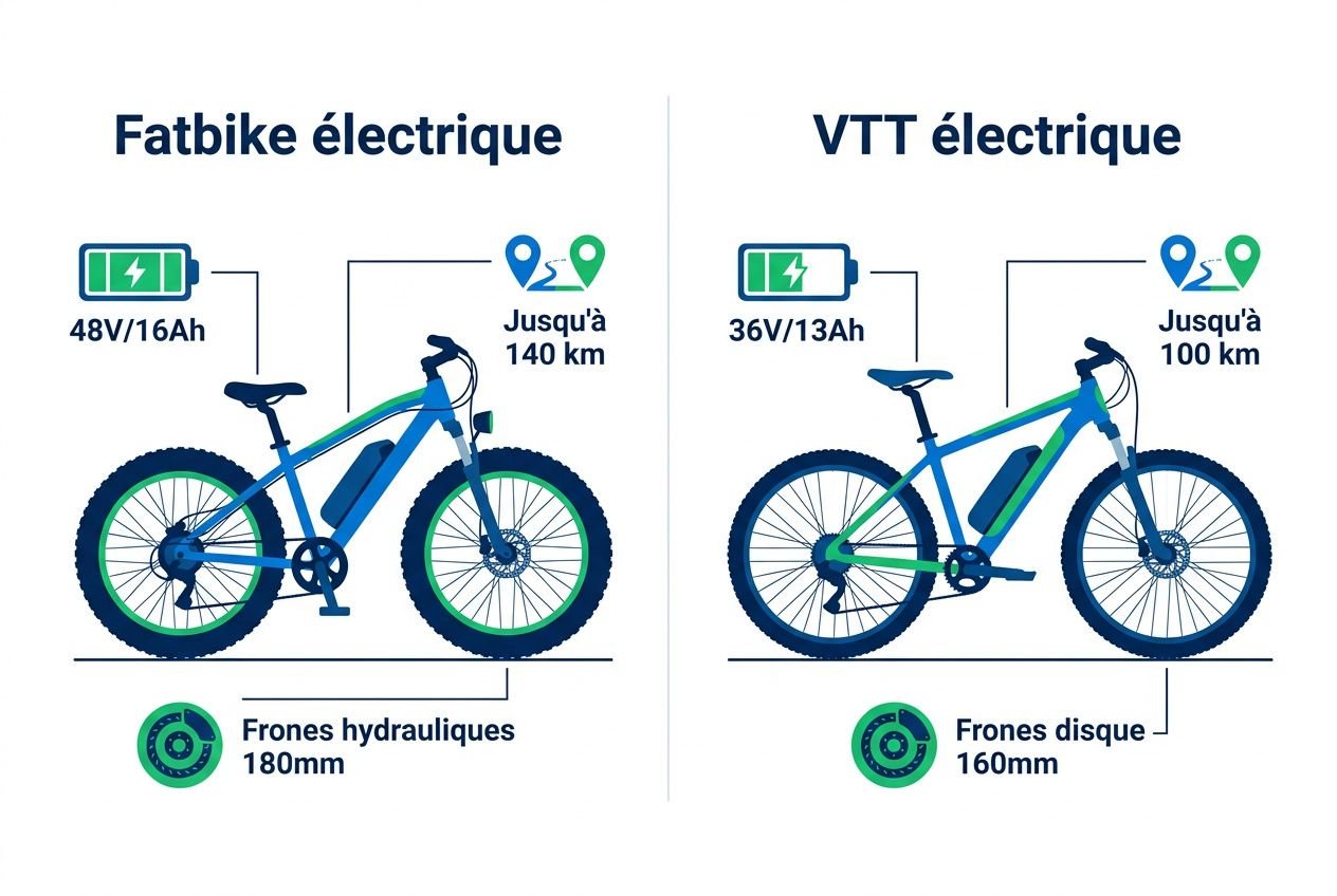 Fatbike électrique et VTT électrique côte à côte, avec détails de batterie 48V/16Ah et 36V/13Ah, autonomie jusqu’à 140 km et 100 km, pneus plus larges 180 mm et disques 160 mm.