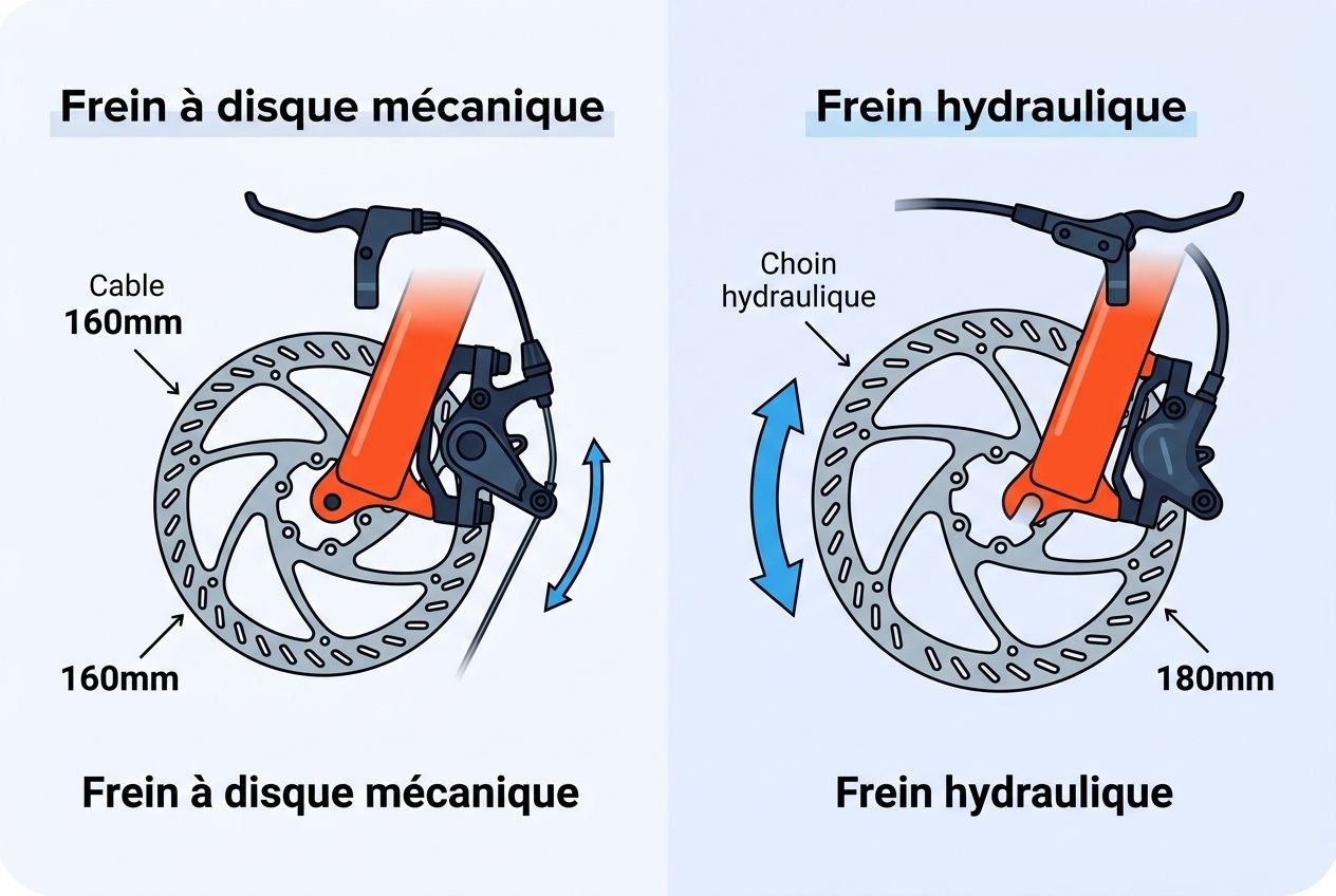 Frein à disque mécanique et frein hydraulique sur vélo, détails des rotors et du levier: 160 mm vs 180 mm, illustration comparative pour le meilleur fat bike électrique 2026.
