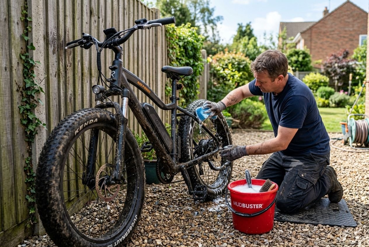 Homme nettoyant un fat bike électrique à l’extérieur, lubrifiant et seau rouge prêt, entretien fat bike électrique complet.