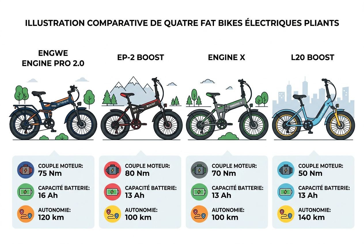 Illustration comparative de quatre fat bikes électriques pliants, avec ENGWE Engine Pro 2.0, EP-2 Boost, Engine X et L20 Boost, démontrant leurs configurations et performances.