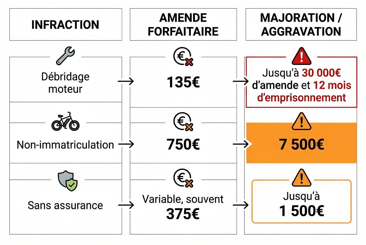 Infraction: débridage moteur / non-immatriculation / sans assurance. Amende forfaitaire: 135€ / 750€ / 375€ variable. Majoration: jusqu’à 30 000€ et 12 mois d’emprisonnement; jusqu’à 7 500€; jusqu’à 1 500€.
