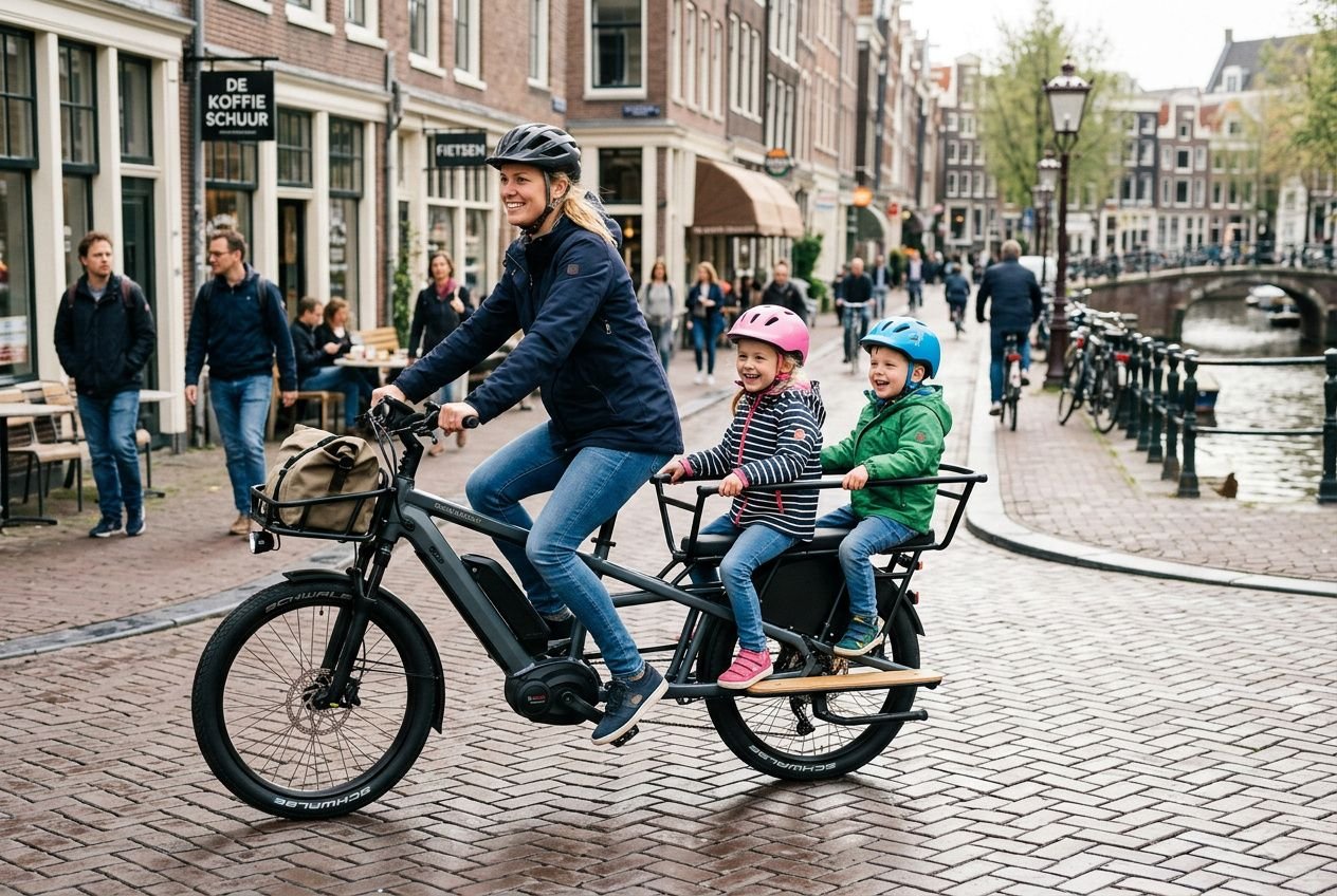 Parent et deux enfants sur un vélo électrique cargo, guidon en ville, casque, ambiance urbaine et ponts en arrière-plan. meilleur vélo électrique cargo intégré naturellement.