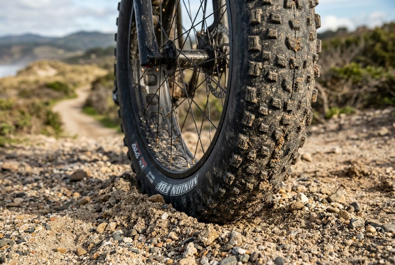 Pneu et roue d’un fat bike électrique chargé de boue sur un chemin rocheux, terrain sablonneux et paysage montagneux au loin. Intègre: comment choisir un fat bike électrique.